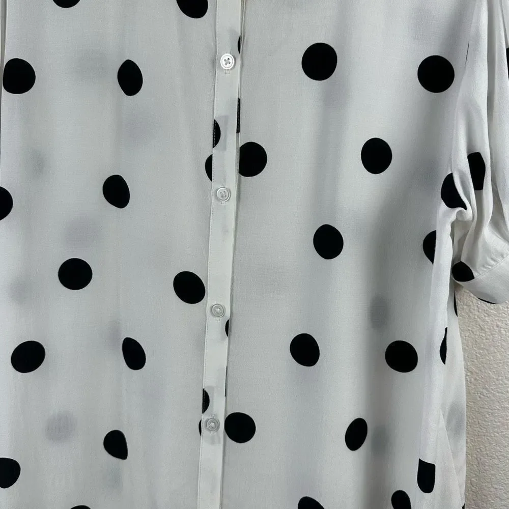 Loft Women's Size M Button Back Semi‎ Sheer Polka Dot Blouse Black White